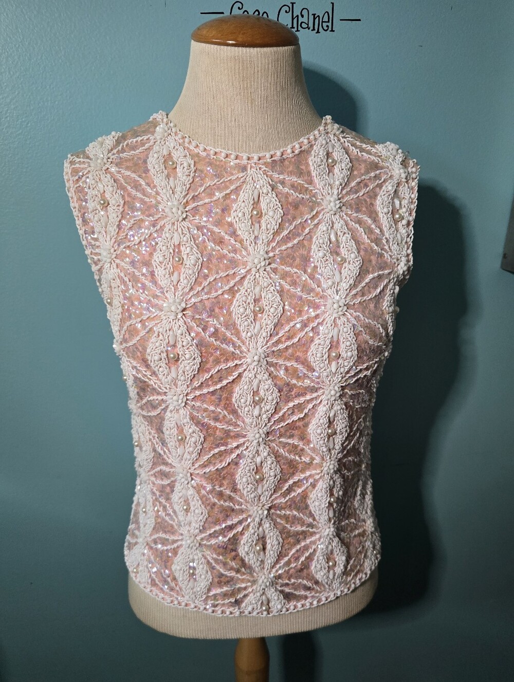 Elaborate Embellished Vintage Pink Wool Sequin Top